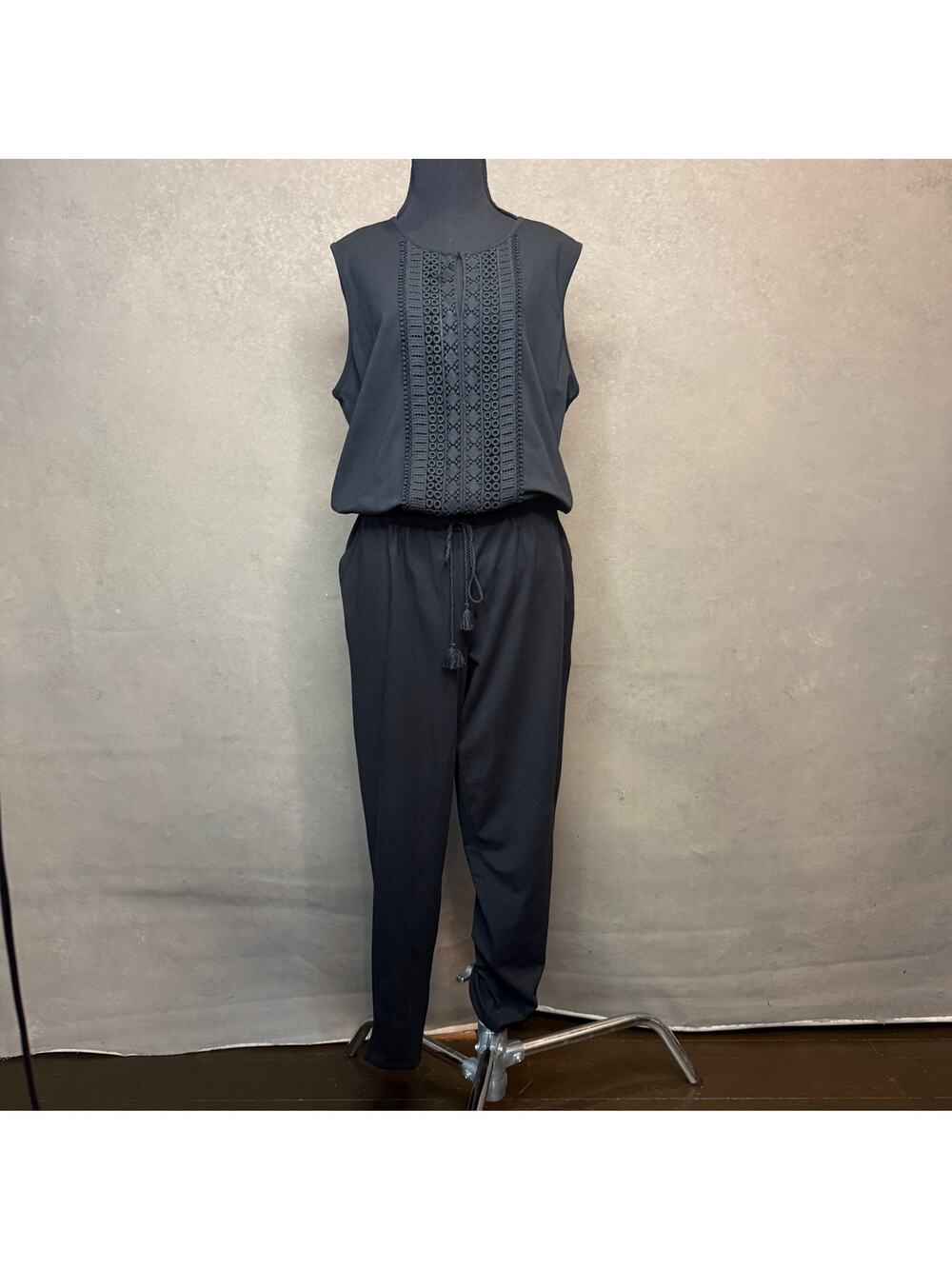 Lauren Ralph Lauren Black Jumpsuit XL Crochet Lace Tassel Tie Sleeveless